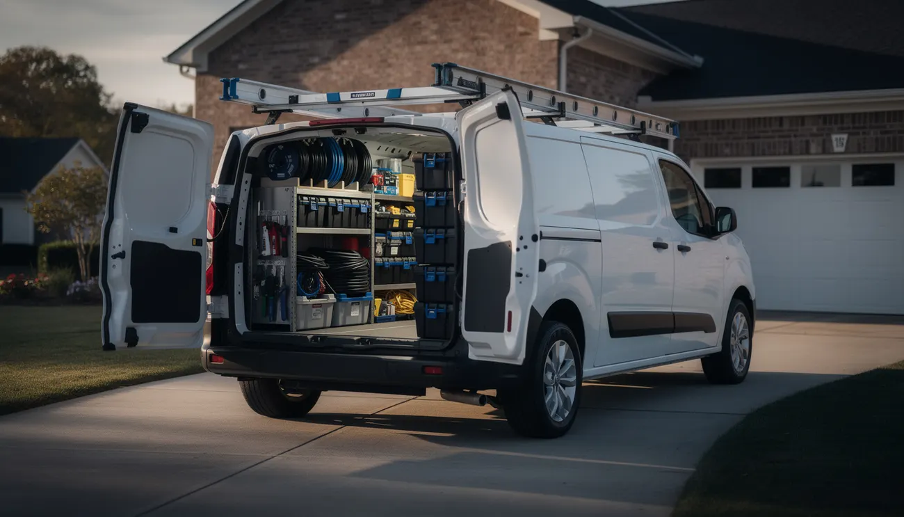 Organized electrician work van parked at a Whitby home