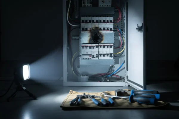 Emergency electrical repair at an open breaker panel at night
