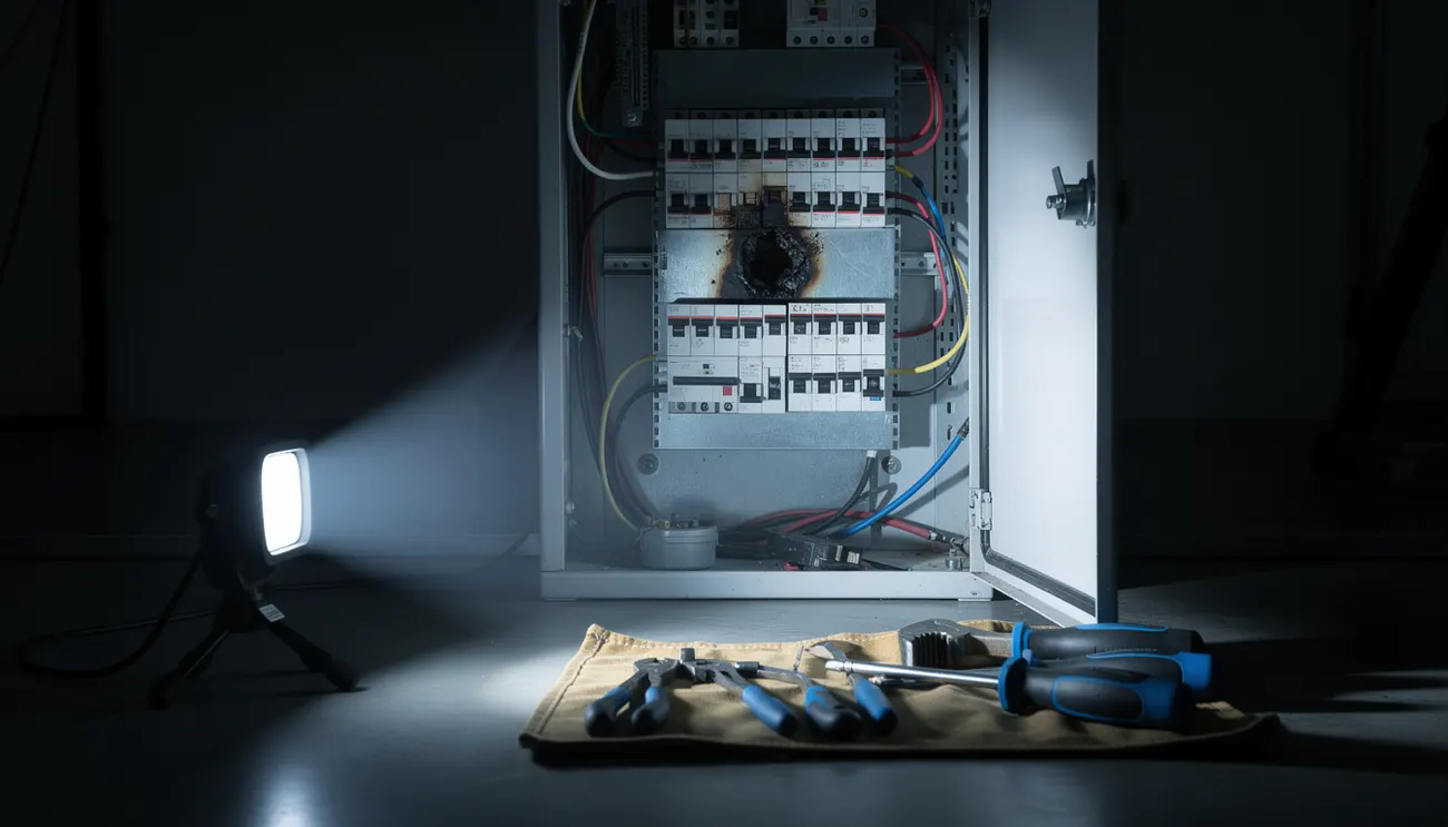 Emergency electrical repair at an open breaker panel at night