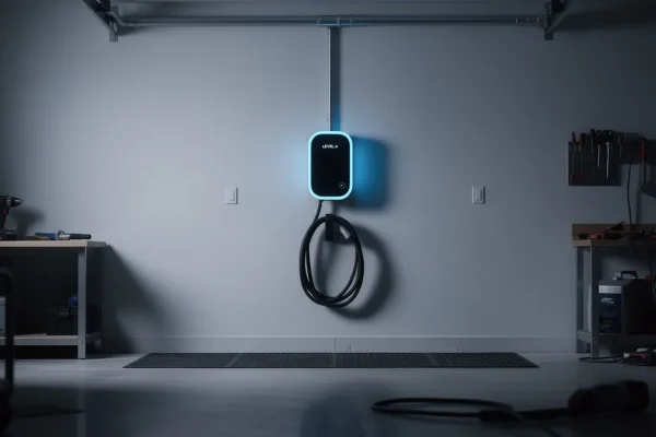 Wall mounted Level 2 EV charger installed in a home garage