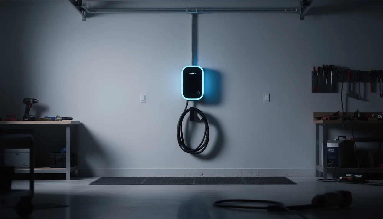 Wall mounted Level 2 EV charger installed in a home garage