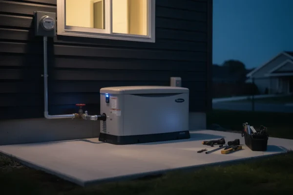 Standby home generator installed on a concrete pad at dusk