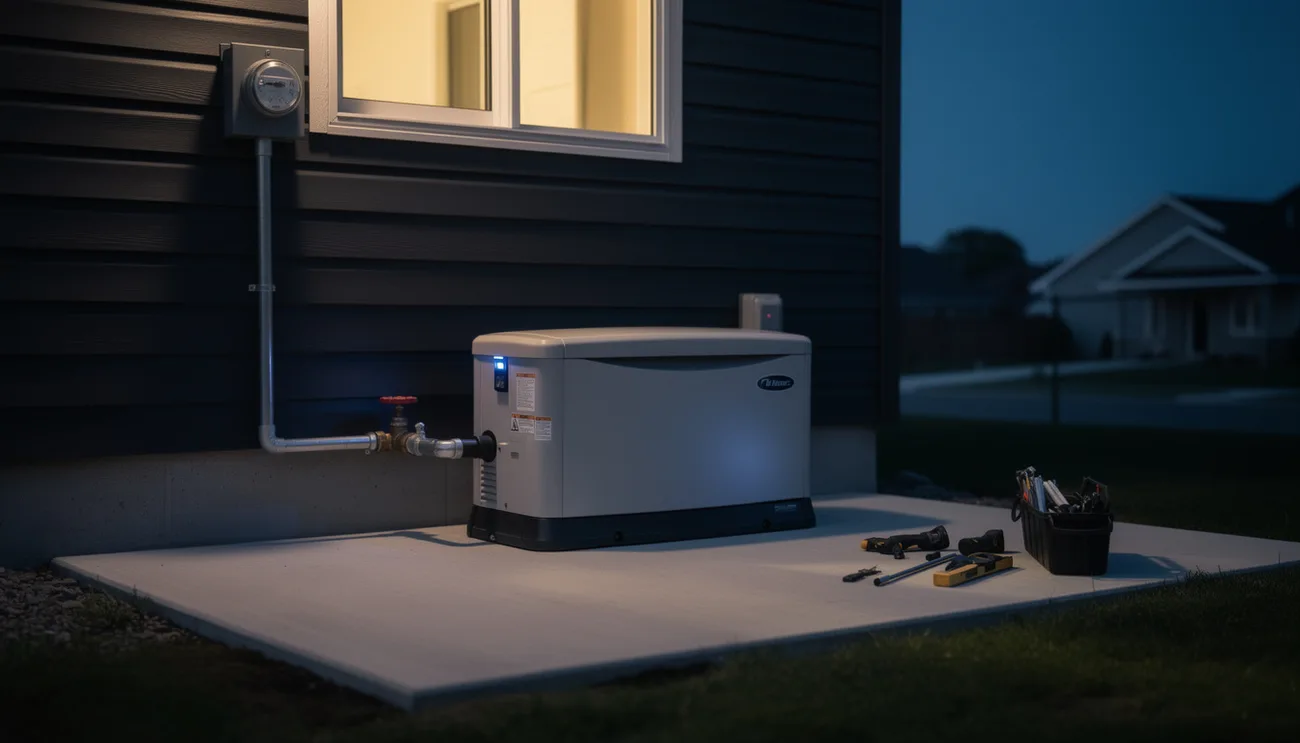 Standby home generator installed on a concrete pad at dusk