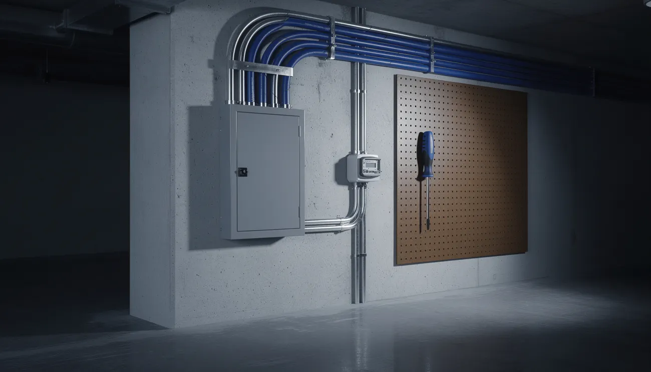 Completed electrical service panel installation on a tidy basement wall