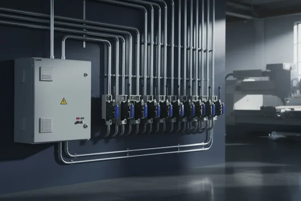 Industrial distribution panel and disconnect switches in a workshop