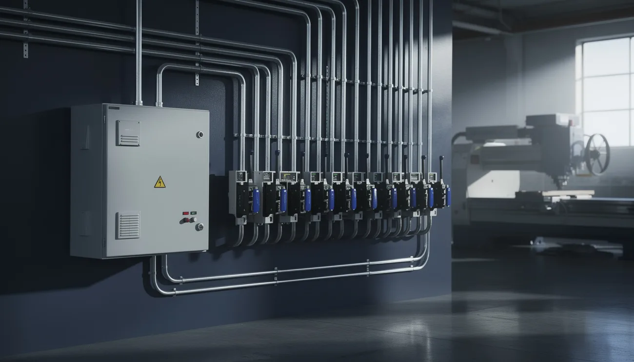 Industrial distribution panel and disconnect switches in a workshop