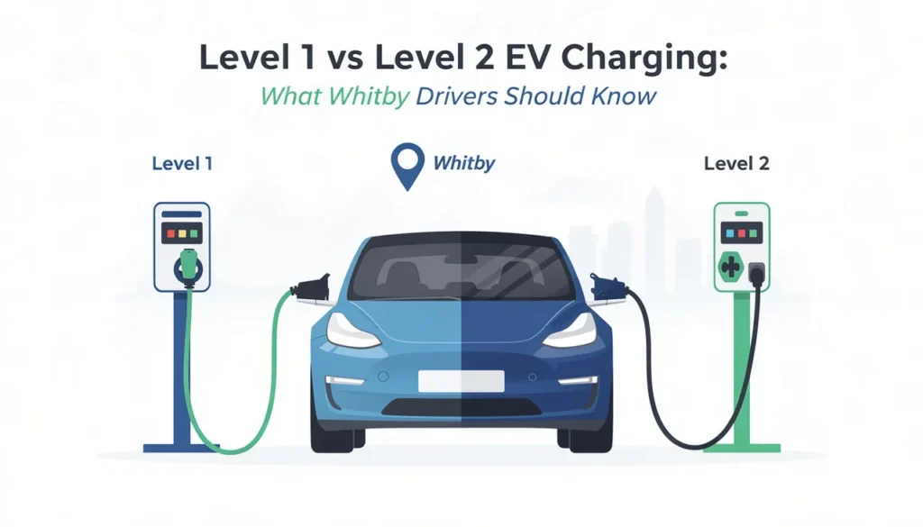 Level 1 and Level 2 EV chargers connected to a car in Whitby, comparing home charging options for Durham Region drivers