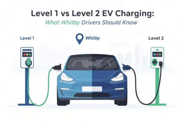 Level 1 and Level 2 EV chargers connected to a car in Whitby, comparing home charging options for Durham Region drivers