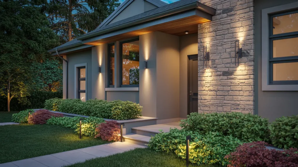 Wall sconces, uplights on shrubs, and step lights illuminating a home's exterior as outdoor lighting ideas for added