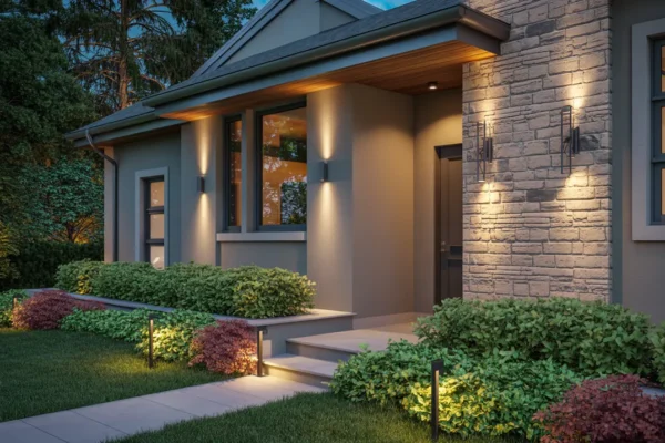Wall sconces, uplights on shrubs, and step lights illuminating a home's exterior as outdoor lighting ideas for added