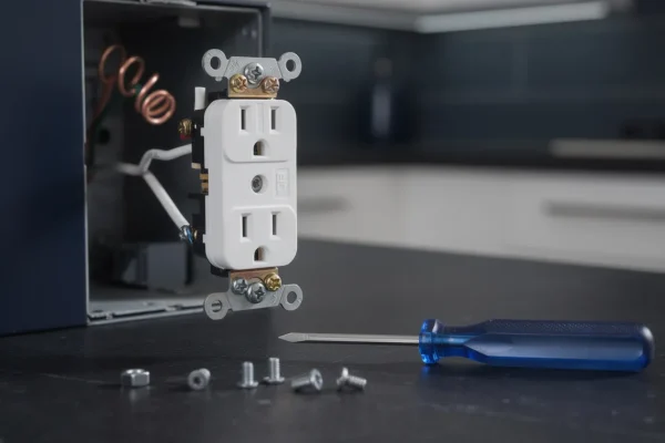 GFCI outlet being wired into a kitchen wall box