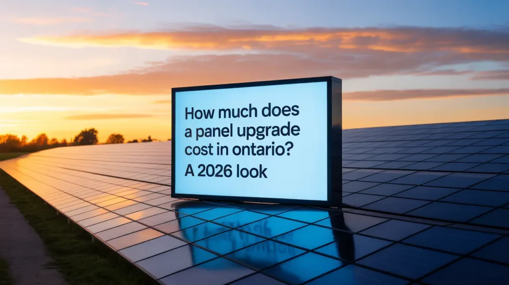 Billboard on solar array displays question on panel upgrade cost Ontario for 2026 at sunset in rural setting