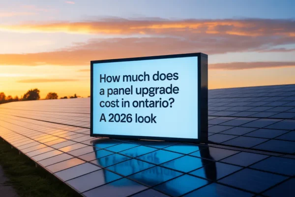 Billboard on solar array displays question on panel upgrade cost Ontario for 2026 at sunset in rural setting