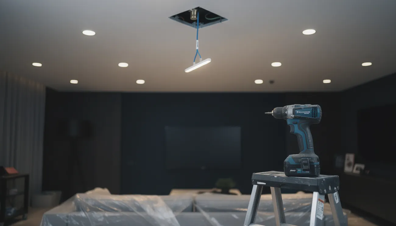 Recessed pot lights being installed in a living room ceiling
