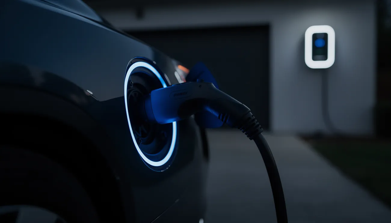 EV charging connector plugged in at night