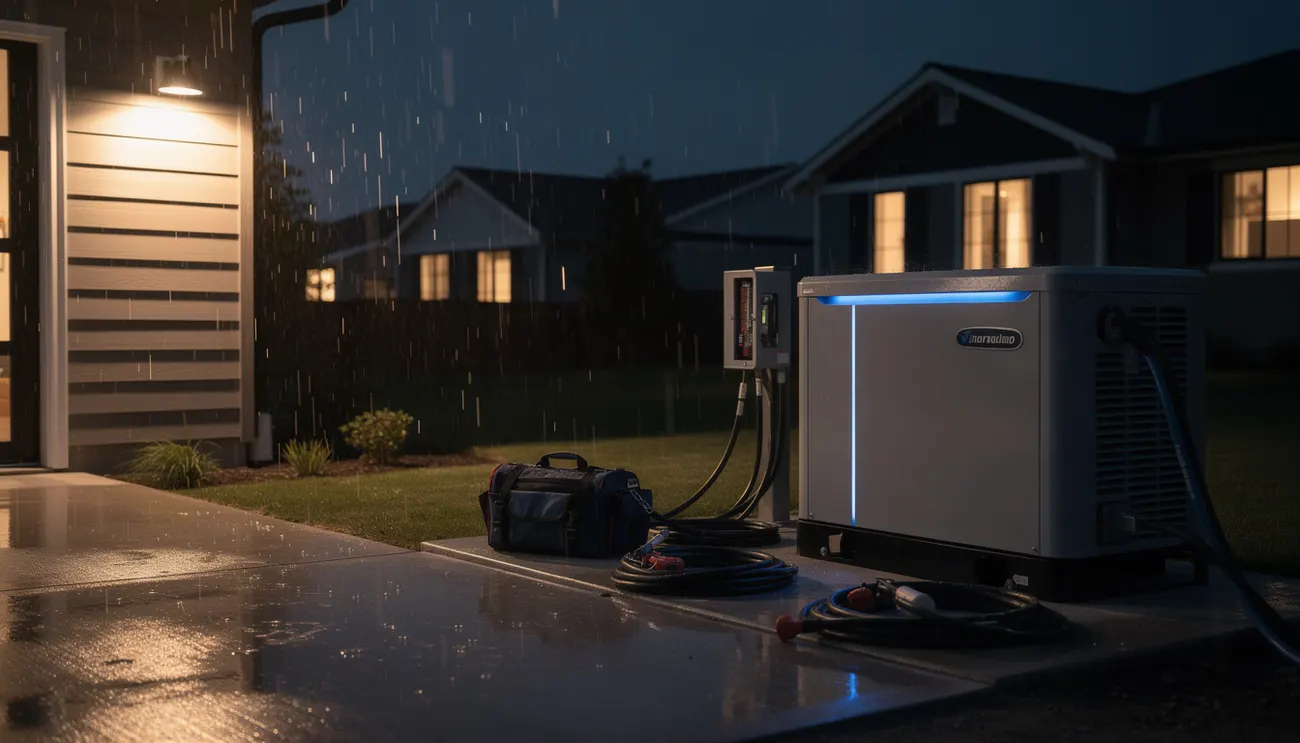 Standby generator running during a storm