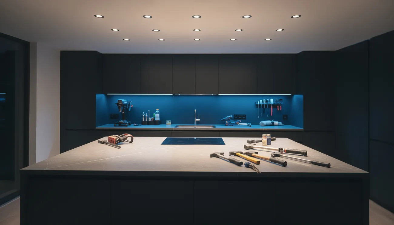 Finished kitchen lit by recessed pot lights