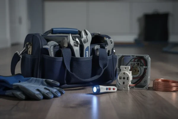 Electrician tools and voltage tester during a home service call