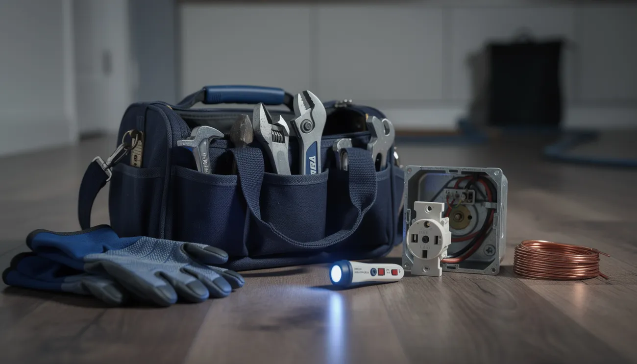 Electrician tools and voltage tester during a home service call