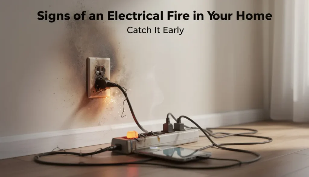 Scorched wall outlet with sparks and smoke from an overloaded power strip and tangled cords as signs of electrical fire