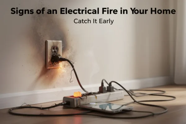 Scorched wall outlet with sparks and smoke from an overloaded power strip and tangled cords as signs of electrical fire
