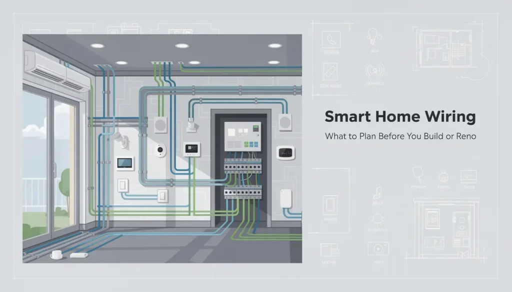 Diagram of smart home wiring plan featuring color-coded cables routed to a central electrical panel for Durham Region
