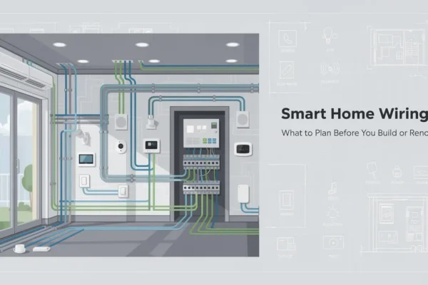 Diagram of smart home wiring plan featuring color-coded cables routed to a central electrical panel for Durham Region