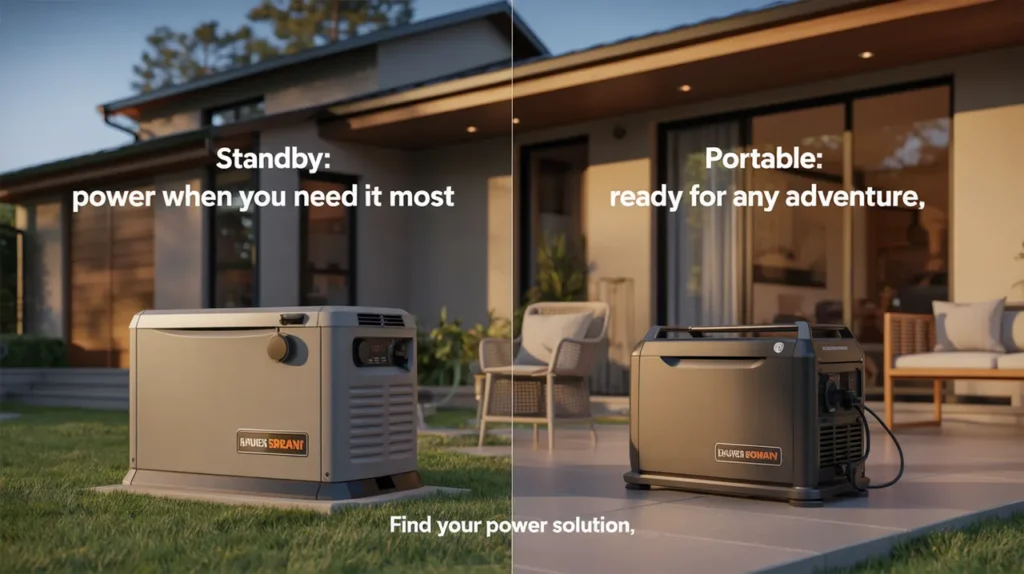 Standby vs portable generator comparison for home backup power showing both units outside a Durham Region residence
