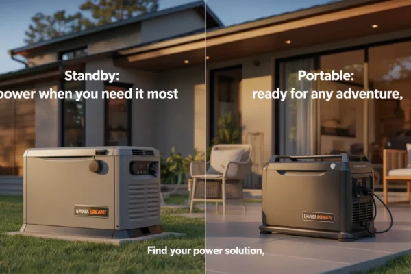Standby vs portable generator comparison for home backup power showing both units outside a Durham Region residence