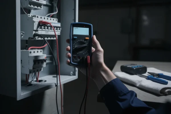 Multimeter testing circuits at an open electrical panel
