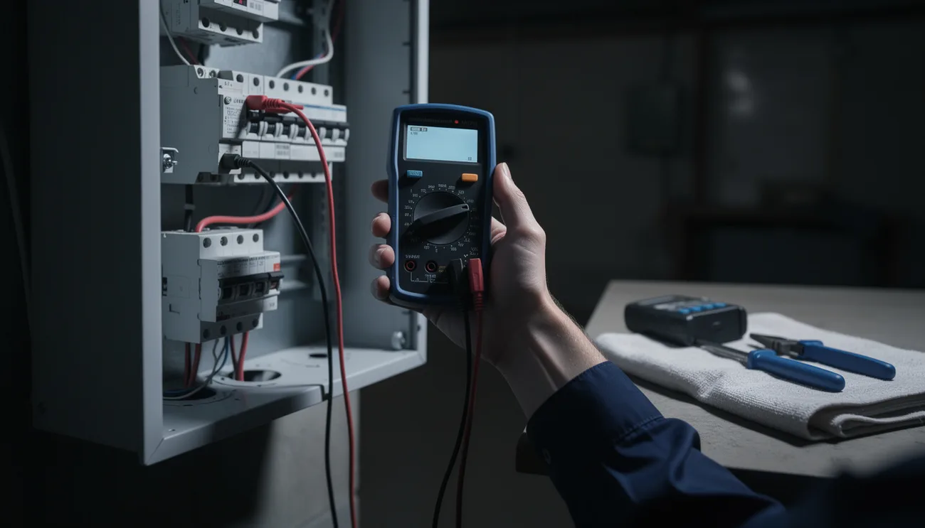Multimeter testing circuits at an open electrical panel