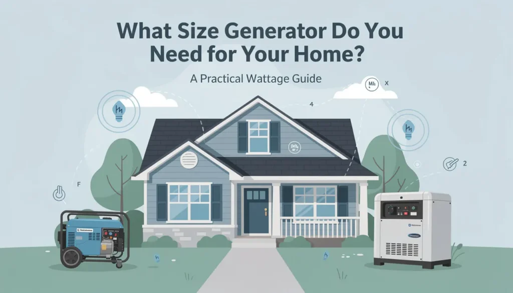 House with portable and standby generators plus wattage icons showing how to size a generator for home backup power