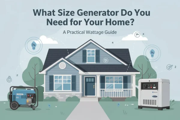 House with portable and standby generators plus wattage icons showing how to size a generator for home backup power