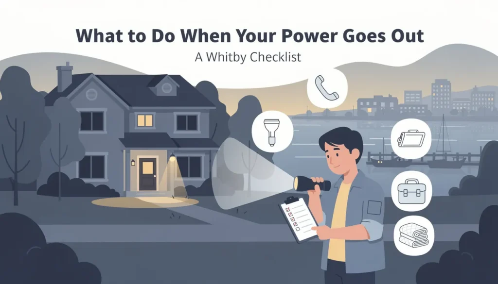 Whitby homeowner reviews power outage checklist with flashlight, phone, first aid kit, tools and blankets outside house