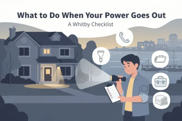 Whitby homeowner reviews power outage checklist with flashlight, phone, first aid kit, tools and blankets outside house