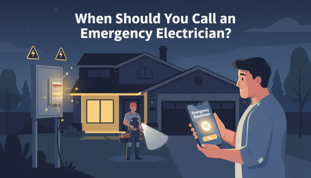 Homeowner calls emergency electrician for urgent panel repair at night outside a Durham Region residence with open