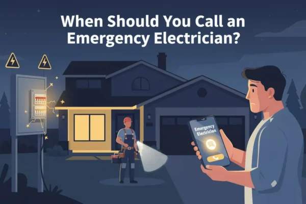 Homeowner calls emergency electrician for urgent panel repair at night outside a Durham Region residence with open