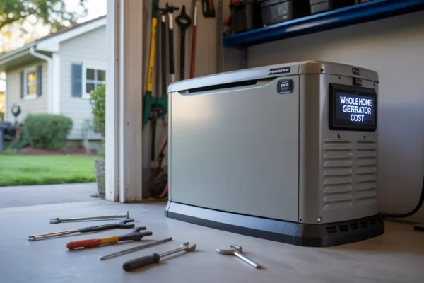 Whole-home generator installed outside Durham Region home during electrical work with tools for setup and connections