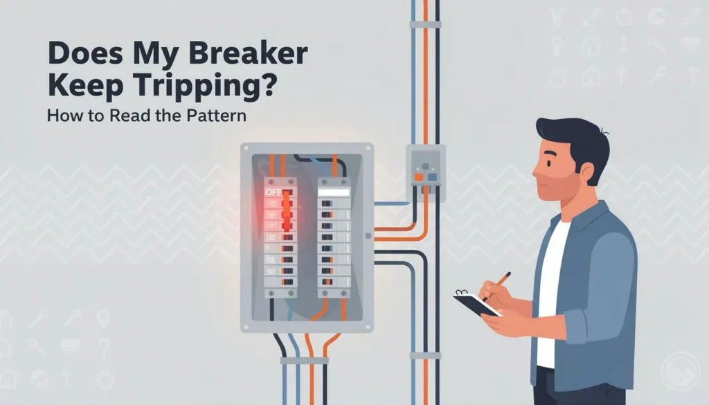 Homeowner in a Durham Region home inspecting a tripped breaker in the panel to diagnose repeated tripping issues