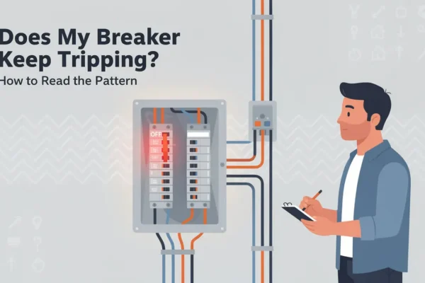 Homeowner in a Durham Region home inspecting a tripped breaker in the panel to diagnose repeated tripping issues